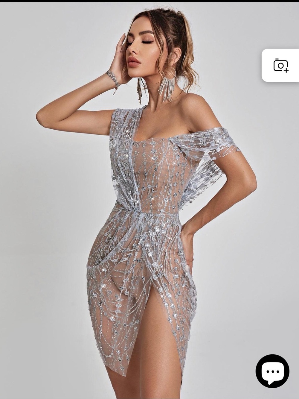 Silver One-Shoulder Embellished Mini Dress